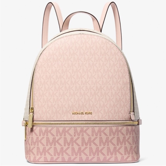 Michael Kors Rhea Medium Color-Block Signature Logo Backpack Powder Blush Multi - Picture 1 of 10